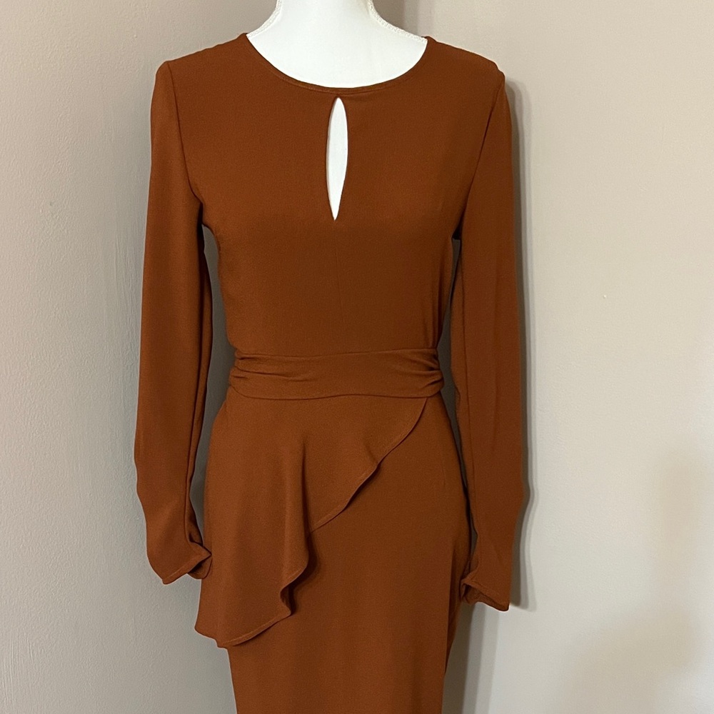 Bettie Page Rust Brown Long Sleeve Midi Dress